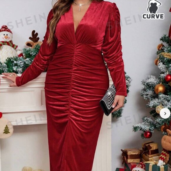 Red Velvet Ruched Midi Dress - Picture 1 of 3